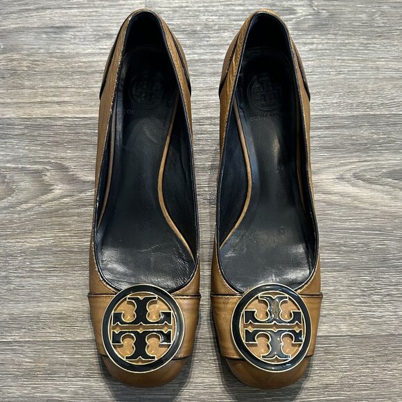 Tory Burch Size 9.5 Maddie Tan Leather Pumps Heels Block Heel Loafer Preppy - Picture 1 of 12